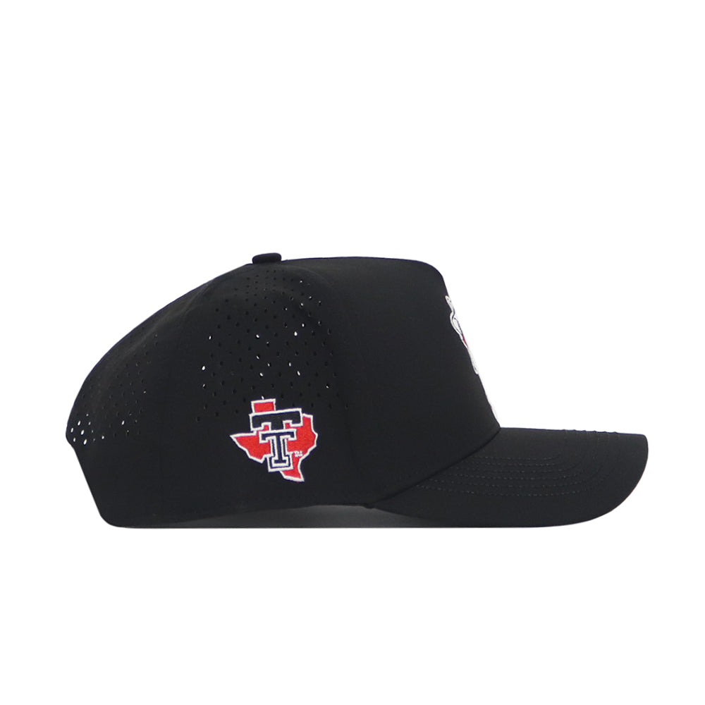 The No Rivals Texas Tech Golf Hat - Black features red and white Texas Tech embroidered graphics on the side, a flat brim, and a perforated back panel—ideal for golf or everyday wear.
