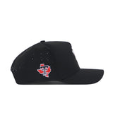 The No Rivals Texas Tech Golf Hat - Black features red and white Texas Tech embroidered graphics on the side, a flat brim, and a perforated back panel—ideal for golf or everyday wear.