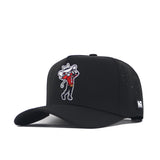 The Texas Tech Golf Hat - Black by No Rivals features a cartoon character in a sombrero and red shirt embroidered on the front, side perforations for breathability, and a white NR logo on the brim—perfect for golf.