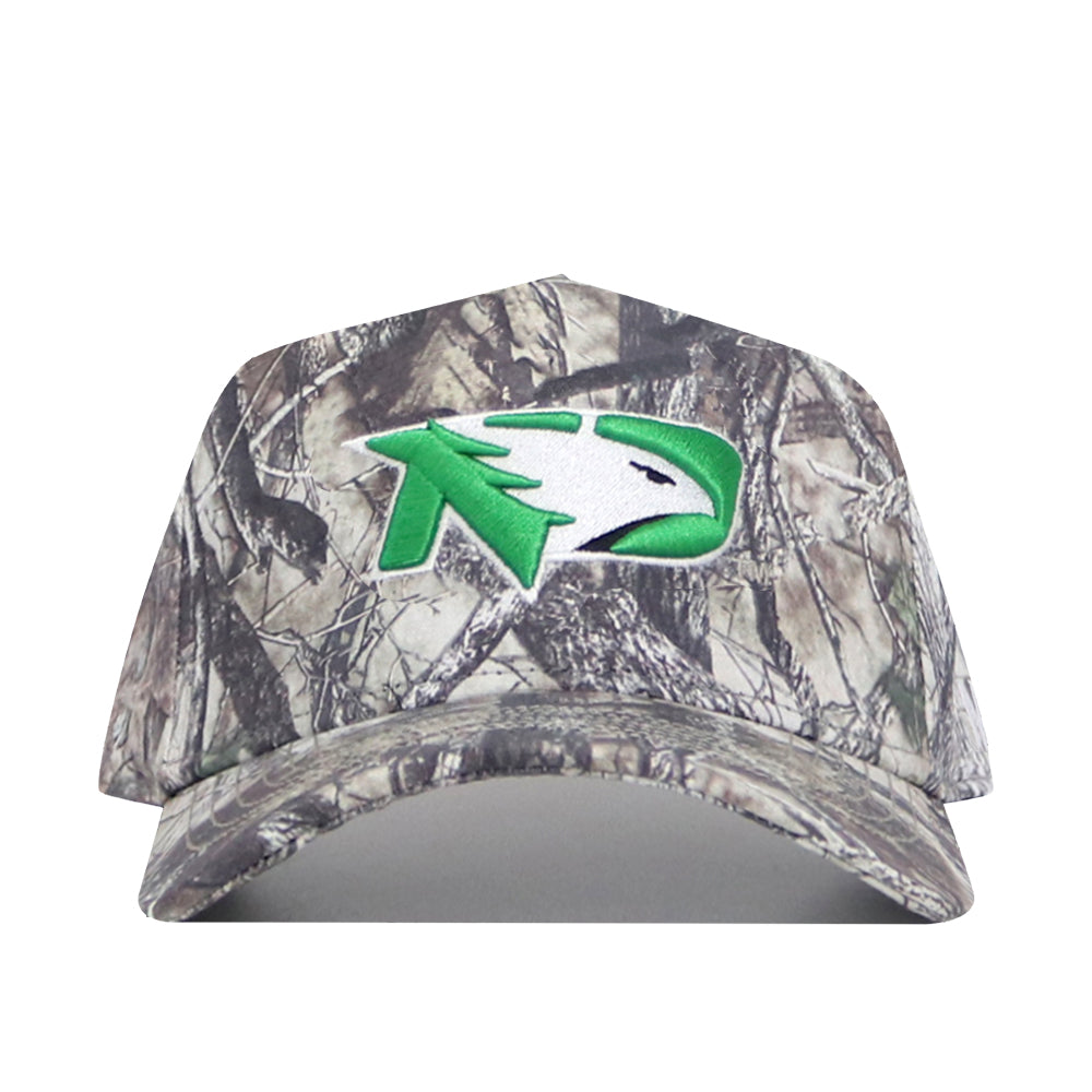 The North Dakota Outland Hat by No Rivals is a camouflage snapback featuring a green, white, and black bird head logo on the front, made from high-quality cotton with a structured fit.