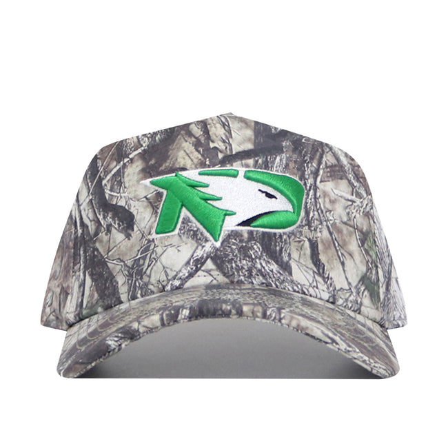 The North Dakota Outland Hat by No Rivals is a camouflage snapback featuring a green, white, and black bird head logo on the front, made from high-quality cotton with a structured fit.