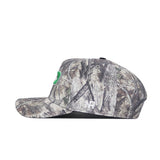 A side view of the North Dakota Outland Hat by No Rivals, a camouflage snapback cap with a small green emblem on the front and white "WP" initials on the side. Made from high-quality cotton for a comfortable, structured fit.
