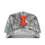 The No Rivals Illinois Outland Hat is a structured, camouflage snapback made from high-quality cotton, featuring a bold orange "I" outlined in blue on the front.