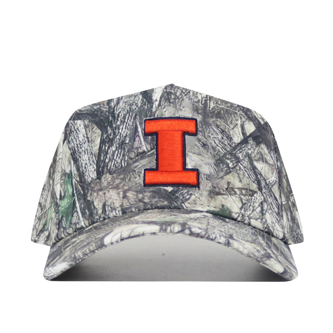 The No Rivals Illinois Outland Hat is a structured, camouflage snapback made from high-quality cotton, featuring a bold orange "I" outlined in blue on the front.