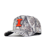 The No Rivals Illinois Outland Hat is a quality cotton snapback cap in gray and brown woodland camo, featuring a bold orange "I" on the front, structured fit, and flat brim.