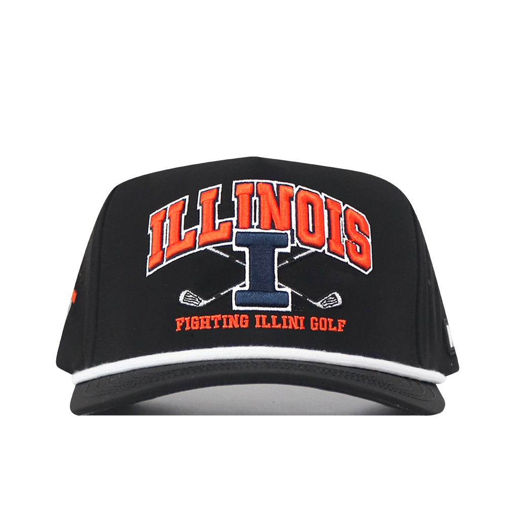 Show your Illinois pride with the No Rivals Illinois Fighting Illini Golf Hat in black. This essential Gameday Fit features bold orange “ILLINOIS” text, a large blue I, two crossed golf clubs, and “FIGHTING ILLINI GOLF” embroidered in orange for a premium look. The hat offers a convenient snap back adjustment for the perfect fit.