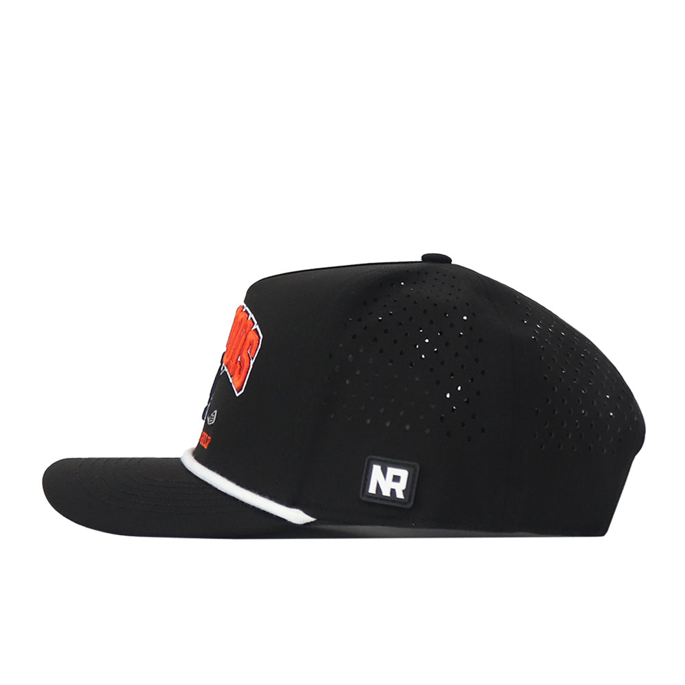 The No Rivals Illinois Fighting Illini Golf Hat in black is a classic snapback, shown from the side with small ventilation holes, a flat bill, and a rectangular NR embroidered logo patch positioned above the brim—perfect for gameday style.