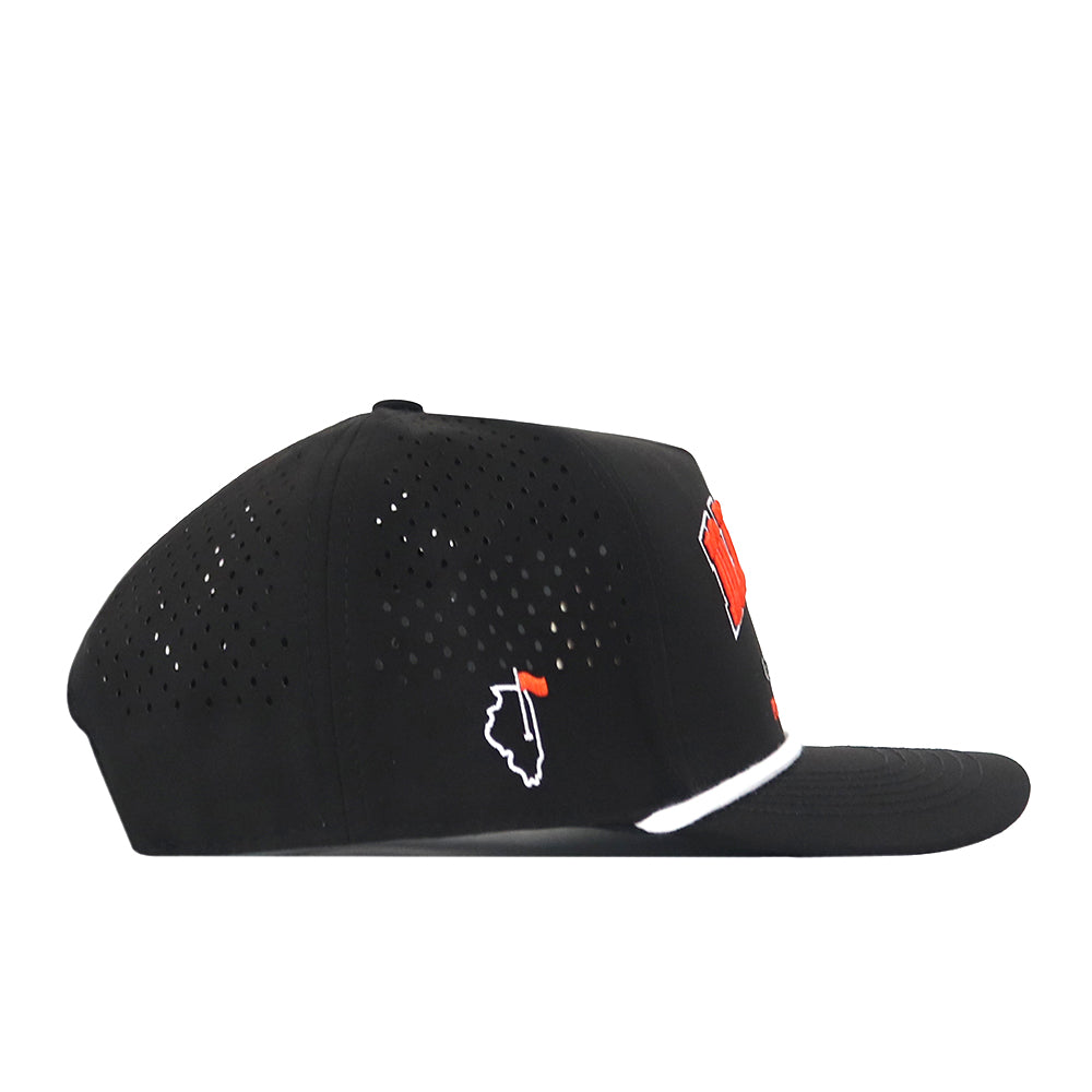 Side view of the Illinois Fighting Illini Golf Hat in black by No Rivals, featuring a perforated back and snap back adjustment, with a red and white embroidered “W” on the front and an embroidered outline of Illinois with a red location marker on the side—perfect for your Gameday Fit.