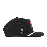Side view of the Illinois Fighting Illini Golf Hat in black by No Rivals, featuring a perforated back and snap back adjustment, with a red and white embroidered “W” on the front and an embroidered outline of Illinois with a red location marker on the side—perfect for your Gameday Fit.