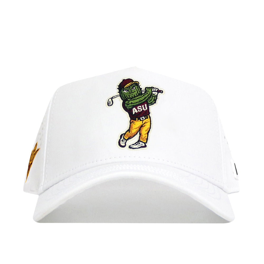 The No Rivals Arizona State Golf Hat - White is a structured fit snapback baseball cap featuring an embroidered green cactus mascot golfing in yellow pants, a red cap, and maroon ASU shirt, made from a soft poly-cotton blend.