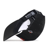 An Illinois Fighting Illini Golf Hat by No Rivals in black, turned inside out to reveal the interior featuring NO RIVALS text, a QR code, ventilation holes, and a small white and red embroidered logo on the side—perfect for a comfortable game day fit.