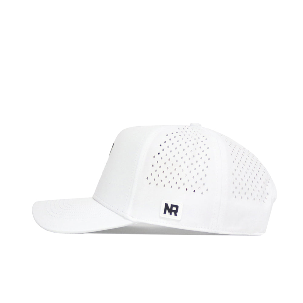 The No Rivals Arizona State Golf Hat in white is a structured snapback with side ventilation holes and a black NR logo near the back, shown in a side profile against a plain white background.