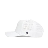 The No Rivals Arizona State Golf Hat in white is a structured snapback with side ventilation holes and a black NR logo near the back, shown in a side profile against a plain white background.