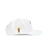The No Rivals Arizona State Golf Hat in white features a side view with small ventilation holes, an embroidered gold and maroon trident logo near the back, and a structured snapback fit crafted from a soft polyester-cotton blend.