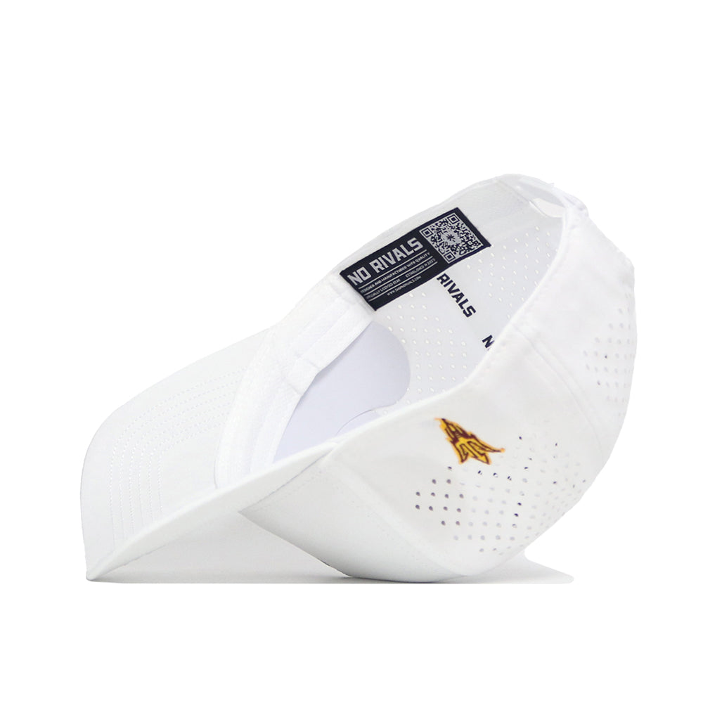 The No Rivals Arizona State Golf Hat - White is a snapback featuring perforated holes, a gold embroidered logo, and interior tags with text and a QR code. Made from a polyester-cotton blend for comfort and durability.