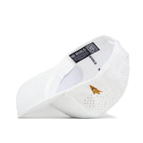 The No Rivals Arizona State Golf Hat - White is a snapback featuring perforated holes, a gold embroidered logo, and interior tags with text and a QR code. Made from a polyester-cotton blend for comfort and durability.