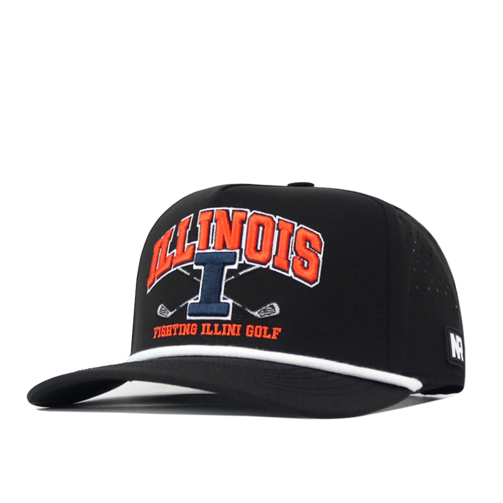 Show your Fighting Illini pride with the Illinois Fighting Illini Golf Hat - Black from No Rivals. This adjustable snapback cap features a bold embroidered orange “I” with two golf clubs crossed beneath the logo, complemented by white trim on the brim and side branding. Perfect to top off any gameday fit!.