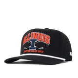 Show your Fighting Illini pride with the Illinois Fighting Illini Golf Hat - Black from No Rivals. This adjustable snapback cap features a bold embroidered orange “I” with two golf clubs crossed beneath the logo, complemented by white trim on the brim and side branding. Perfect to top off any gameday fit!.