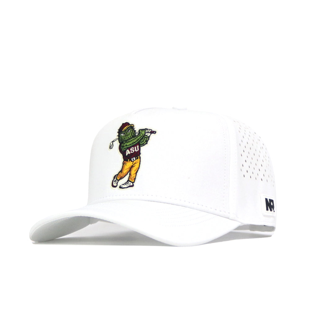 The No Rivals Arizona State Golf Hat - White is a polyester-cotton snapback featuring an embroidered cartoon mascot swinging a golf club with ASU on its shirt, ventilation holes on the side, and a curved brim.