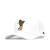 The No Rivals Arizona State Golf Hat - White is a polyester-cotton snapback featuring an embroidered cartoon mascot swinging a golf club with ASU on its shirt, ventilation holes on the side, and a curved brim.