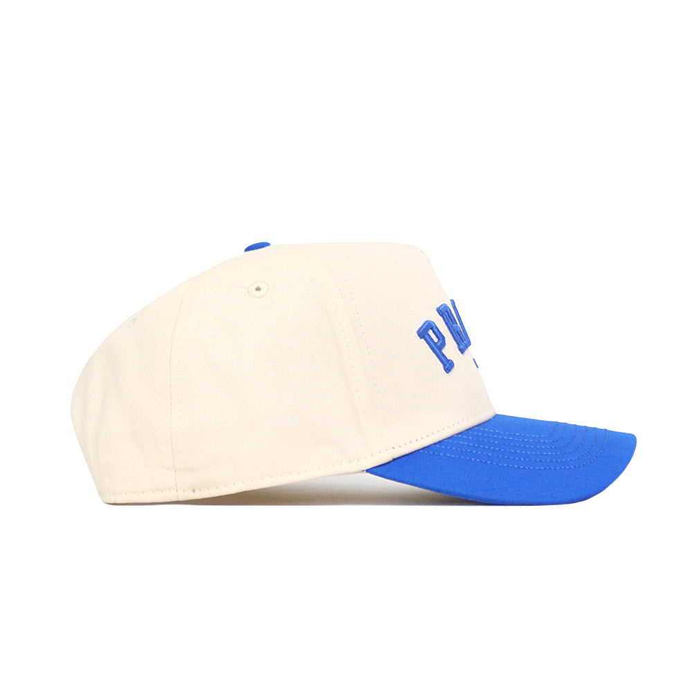 The Provo Hometown Hat by No Rivals is a white cotton snapback with a blue brim and blue embroidered text, shown in side view on a white background.