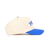 The Provo Hometown Hat by No Rivals is a white cotton snapback with a blue brim and blue embroidered text, shown in side view on a white background.
