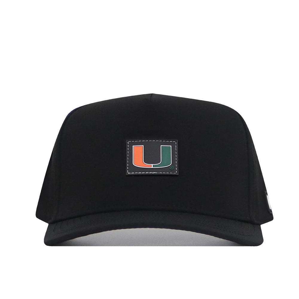 Introducing the Miami Hurricanes Trainer Hat by No Rivals—a black snapback cap crafted from high-quality cotton. This structured hat features the University of Miami “U” logo in orange and green on a front-centered patch, delivering lasting comfort and classic style.