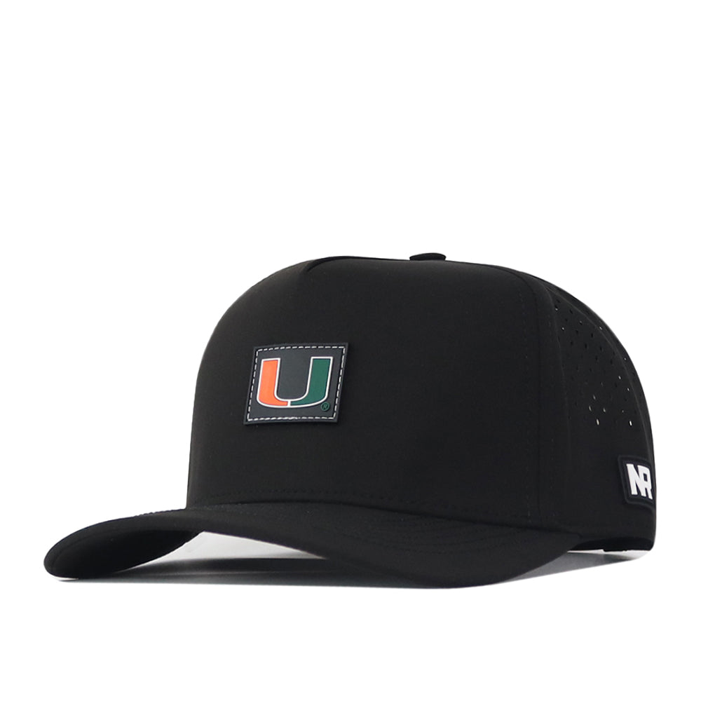 Introducing the Miami Hurricanes Trainer Hat by No Rivals—a black snapback cap highlighted by a rectangular patch featuring the iconic green and orange U logo on the front, with the NR logo on the side. Made from premium cotton, this hat offers a structured fit, curved brim, and perforated panels for superior comfort.