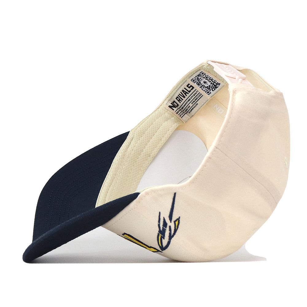 The Toledo Alma Mater Hat by No Rivals is shown inside out, revealing tags and a QR code on the inner band. Officially licensed, this beige and navy cap showcases navy embroidered logos on the outside of the front panel and features a snap back closure for an adjustable fit.
