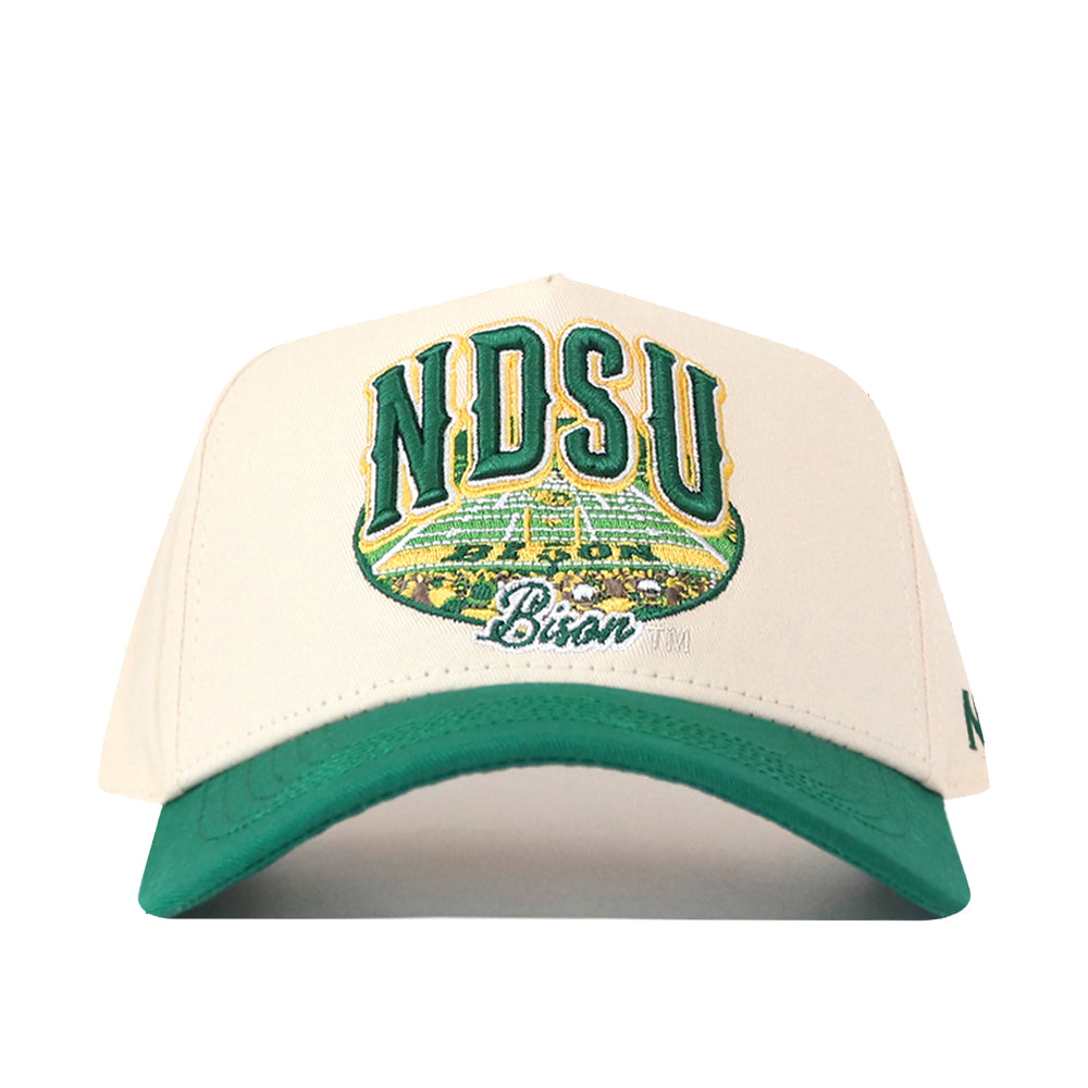 A white and green North Dakota State Bison Stadium Hat by No Rivals, featuring officially licensed embroidered NDSU Bison logos above a stadium graphic on the front.