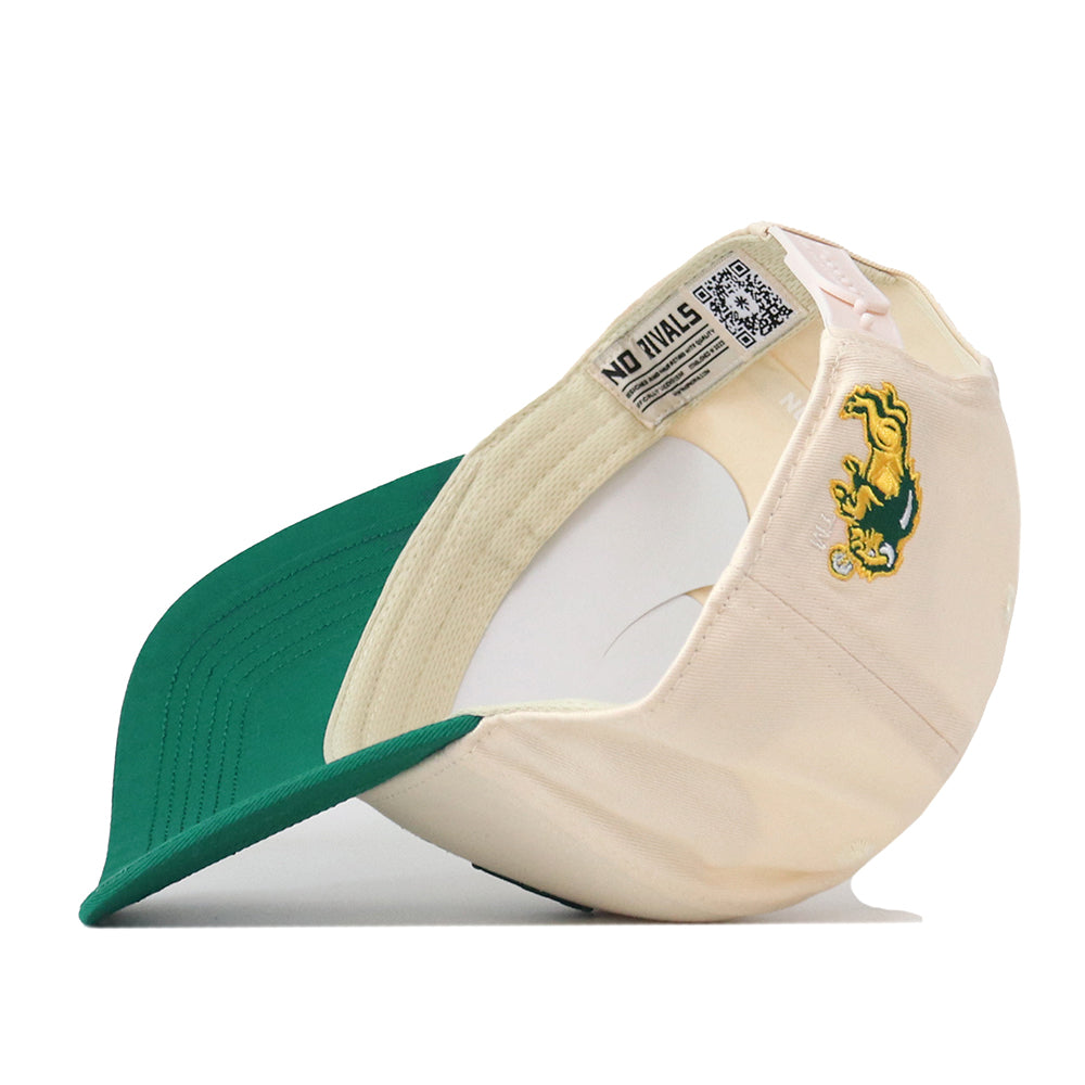 The No Rivals North Dakota State Bison Stadium Hat is pictured upside down, revealing an inside tag and an embroidered green and yellow Bison mascot on the side. This officially licensed snapback cap features detailed embroidered logos for an authentic look.