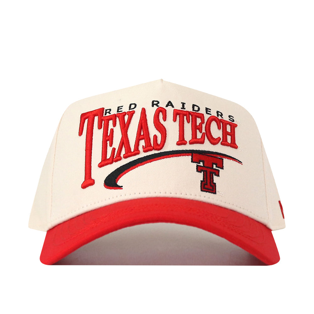 The No Rivals Texas Tech Red Raiders Stride Hat is a cream and red snapback featuring official embroidered Red Raiders, Texas Tech, and double T logos on the front for an authentic look.