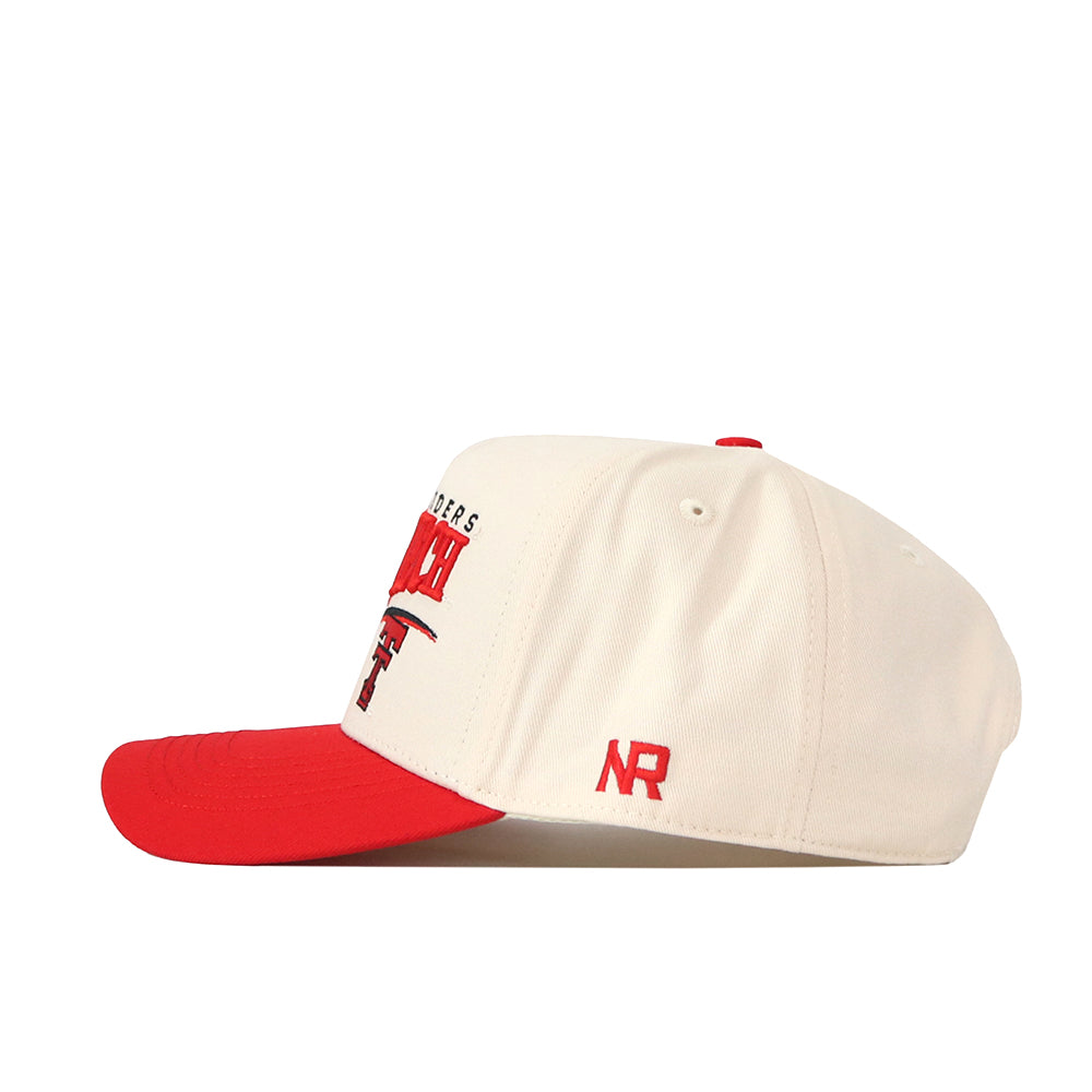 A cream-colored No Rivals Texas Tech Red Raiders Stride Hat featuring a red bill, red top button, and red embroidered logos—including “NR” on the side and a partially visible graphic on the front.