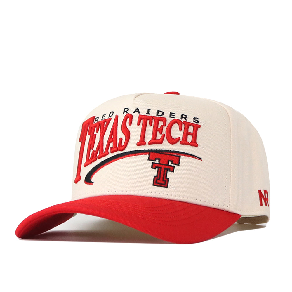 The No Rivals Texas Tech Red Raiders Stride Hat is a cream and red snap back baseball cap featuring the Texas Tech logo and “Red Raiders Texas Tech” embroidered on the front, with a red brim and side embroidery. This officially licensed hat showcases spirited, classic embroidered logos for true fans.