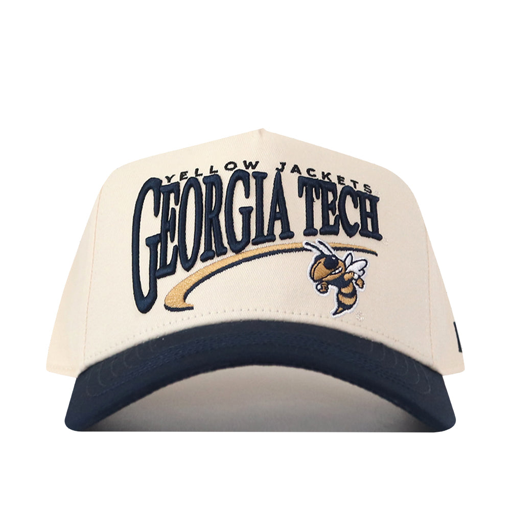 Add varsity flair to your gameday fit with the Georgia Tech STRIDE Hat by No Rivals—a cream-colored snapback featuring GEORGIA TECH YELLOW JACKETS embroidered in navy blue and gold, complete with a yellow jacket mascot graphic beneath the text.