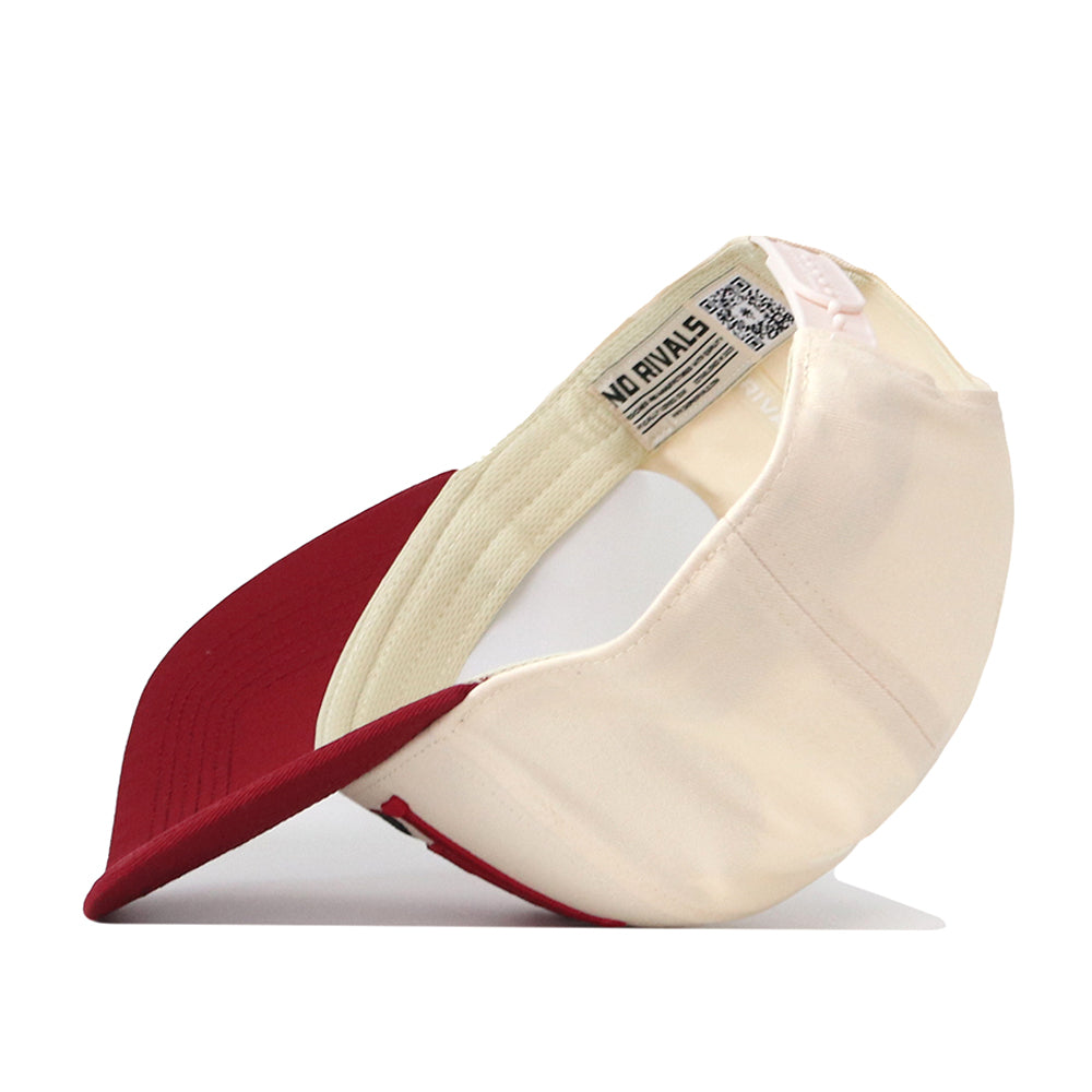 The Indiana Hoosiers Stride Hat by No Rivals is displayed upside down, showcasing its cream interior, detailed stitching, and an inner band tag. Made from high quality cotton, this structured snapback offers lasting comfort and durability.