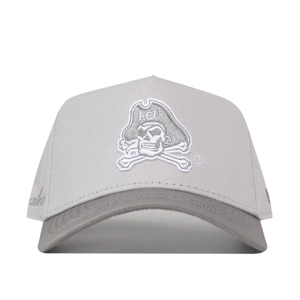 The No Rivals ECU Pirates Graphite Hat features an embroidered ECU pirate skull and crossbones logo on the front and a classic snap back closure, shown against a white background.
