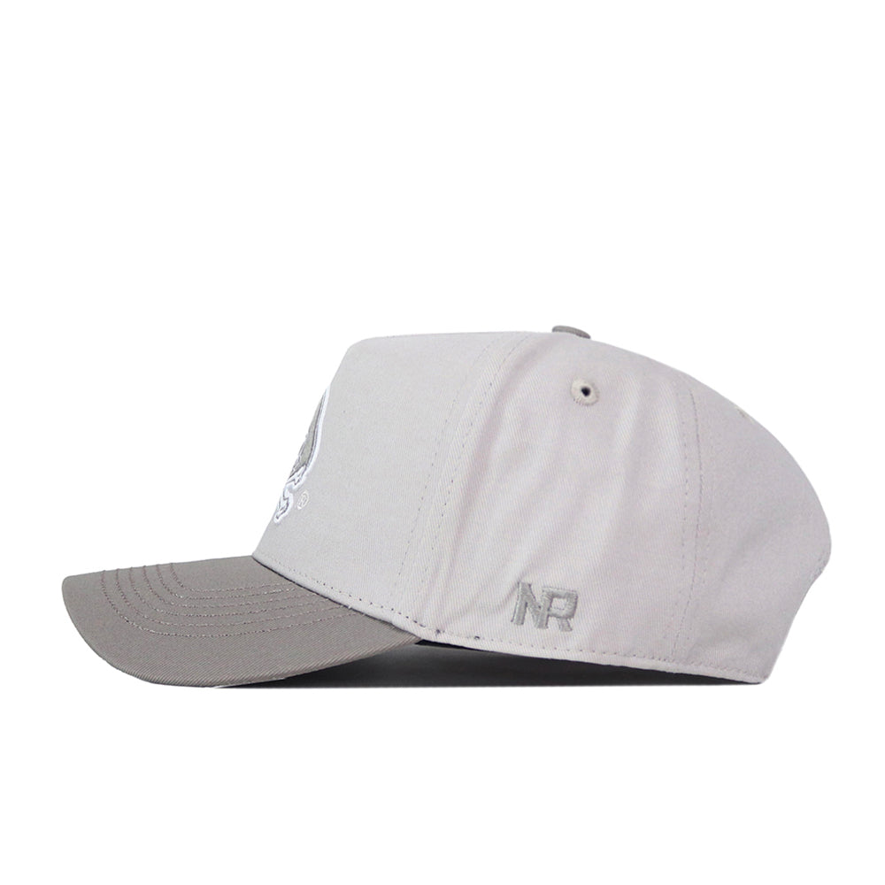Show your gameday spirit with the No Rivals ECU Pirates Graphite Hat—a light gray snapback baseball cap featuring a darker gray curved brim, side eyelets, and embroidered NR initials above the ear area.