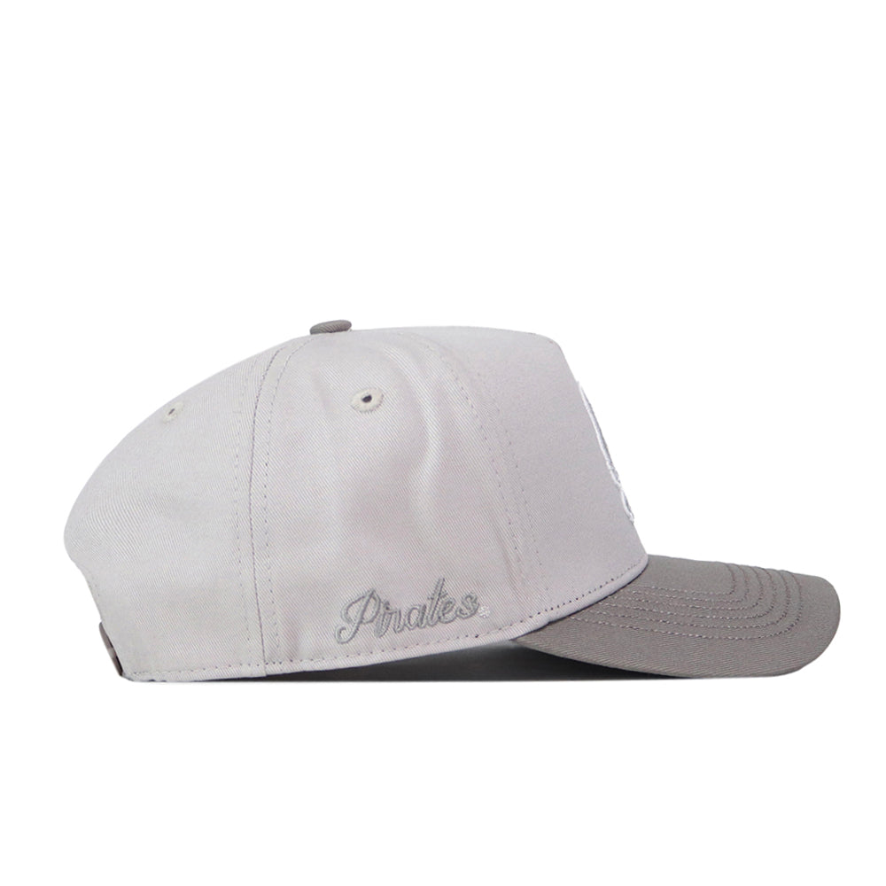 Side view of the No Rivals ECU Pirates Graphite Hat, a gray snapback baseball cap featuring "Pirates" embroidered in cursive near the back. This hat includes an embroidered logo, flat brim, and ventilation eyelets on the crown—making it the perfect gameday fit.