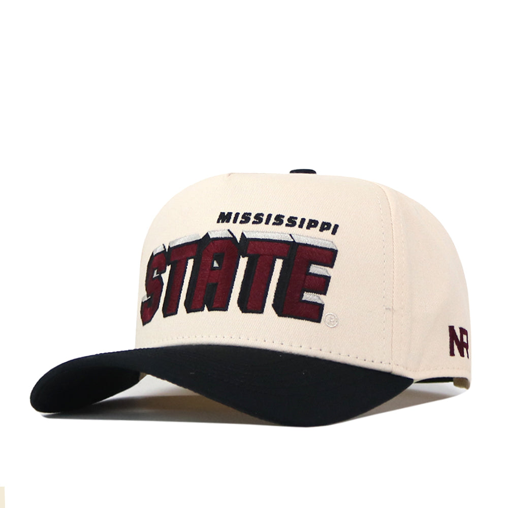 Add a finishing touch to your game day fit with the No Rivals Mississippi State Alma Mater Hat—a cream and black snapback featuring “Mississippi State” embroidered in maroon and black across the front.