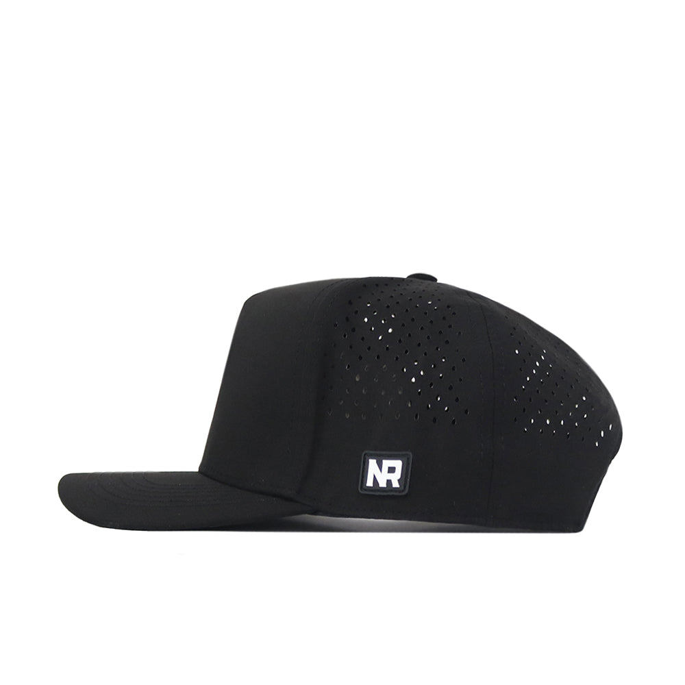Elevate your gameday fit with the No Rivals Clemson Golf Hat - Swinging in black—a flat-brimmed snapback featuring small perforated holes for breathability and a signature rectangular NR patch above the brim on the side.
