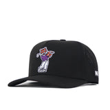 Introducing the Clemson Golf Hat - Swinging - Black by No Rivals—a black snapback hat featuring a cartoon tiger in a purple shirt mid-swing, embroidered on the front. With its flat brim, side logo patch, and easy Snap Back adjustment for all-day comfort, this hat is your perfect Gameday Fit.