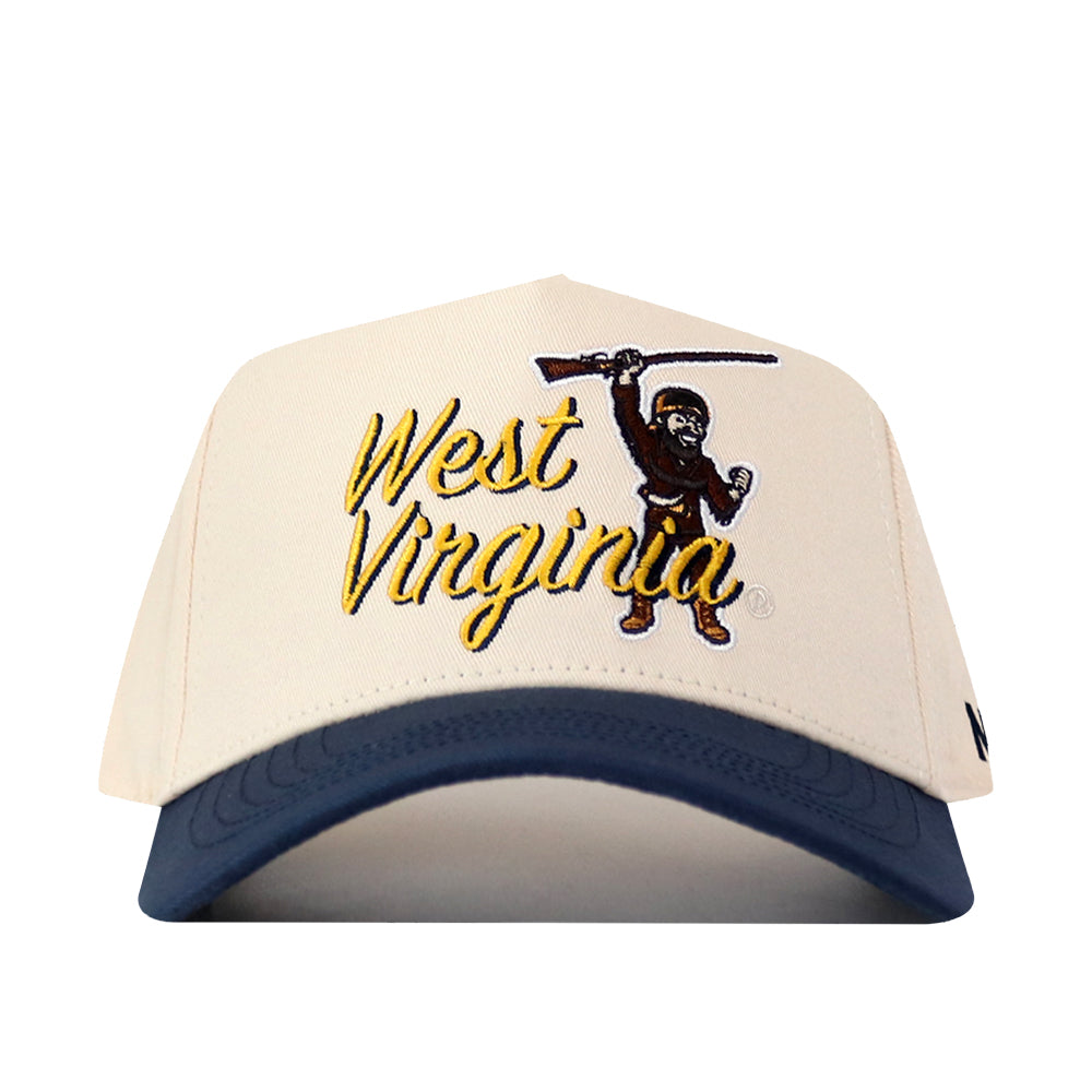 Sure! Here’s a rewritten version using your product data: The No Rivals WVU Mountaineers Script Overlay Mascot Patch Hat is a cream and navy snapback baseball cap, featuring “West Virginia” in yellow script and an embroidered rifle-carrying mascot on the front, finished with an embroidered logo for an officially licensed look.