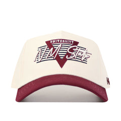 The No Rivals New Mexico State Triangle Game Cap Hat features a cream body, maroon brim, "UNIVERSITY" and "NM State" text in maroon and white above blue stripes on the front. This structured snapback is officially licensed for team spirit.