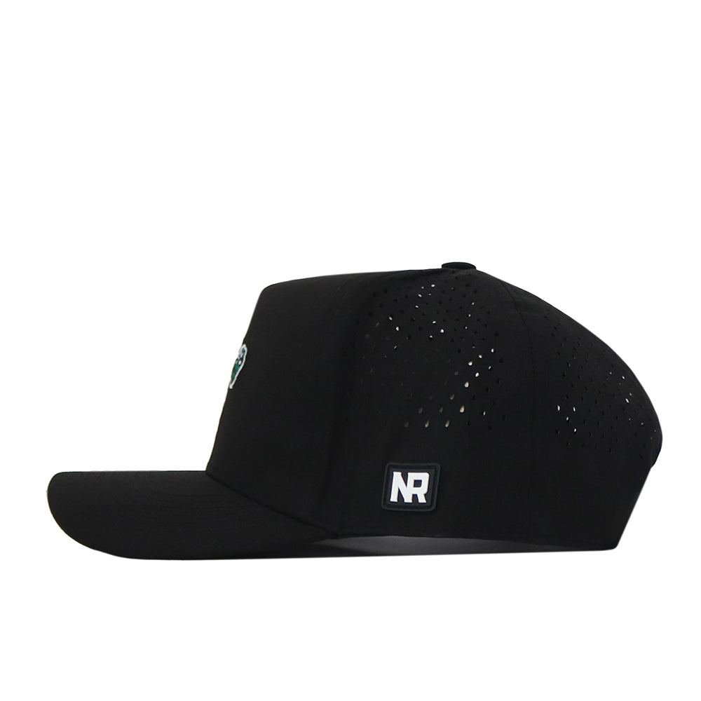 Introducing the North Texas Mean Green Football Mascot Hat in black by No Rivals: Crafted from high-performance fabric, this hat features small perforations along the side and back panels for improved breathability. A flat brim and NR embroidered logo patch at the side elevate its style, while a snapback closure provides an adjustable fit. Displayed in a side profile against a white background.
