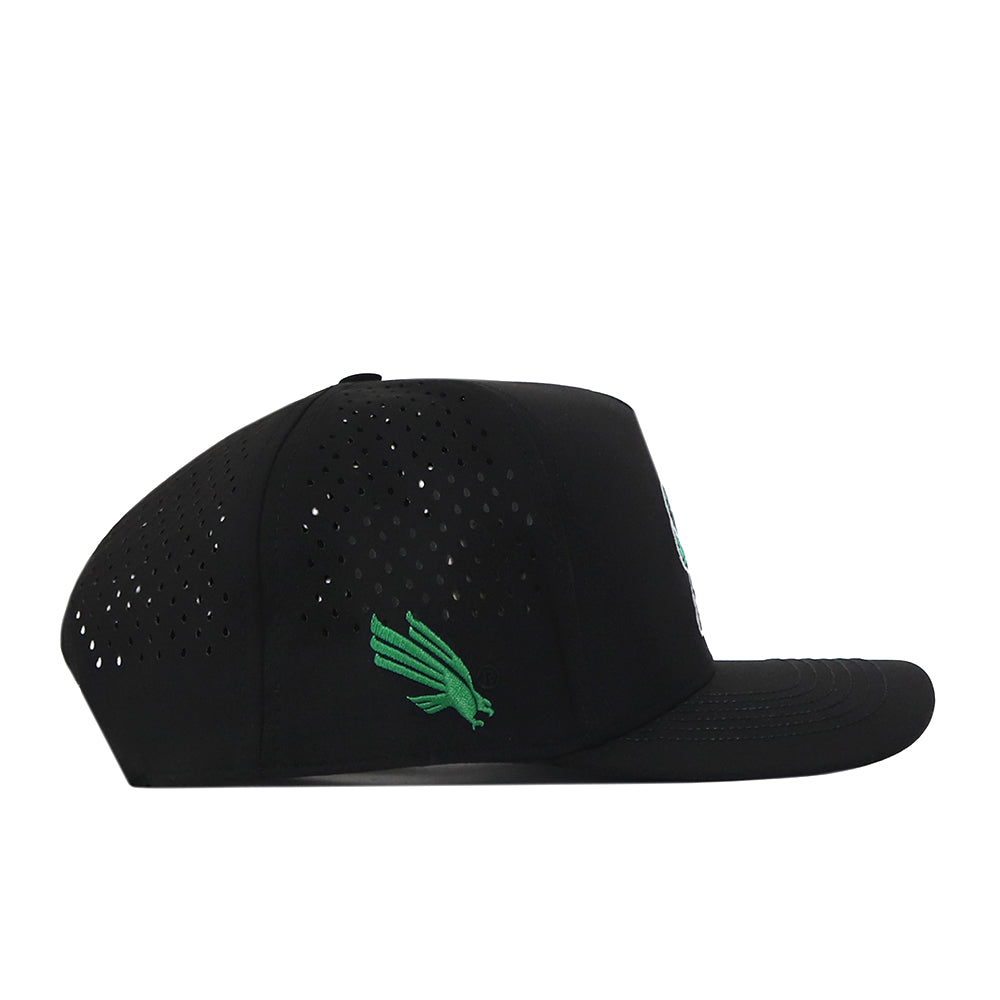 No Rivals North Texas Mean Green Football Mascot Hat in black, featuring ventilation holes, a flat brim, and an embroidered green winged logo on the side. Made from performance fabric, this snapback cap is displayed in a side profile against a white background.