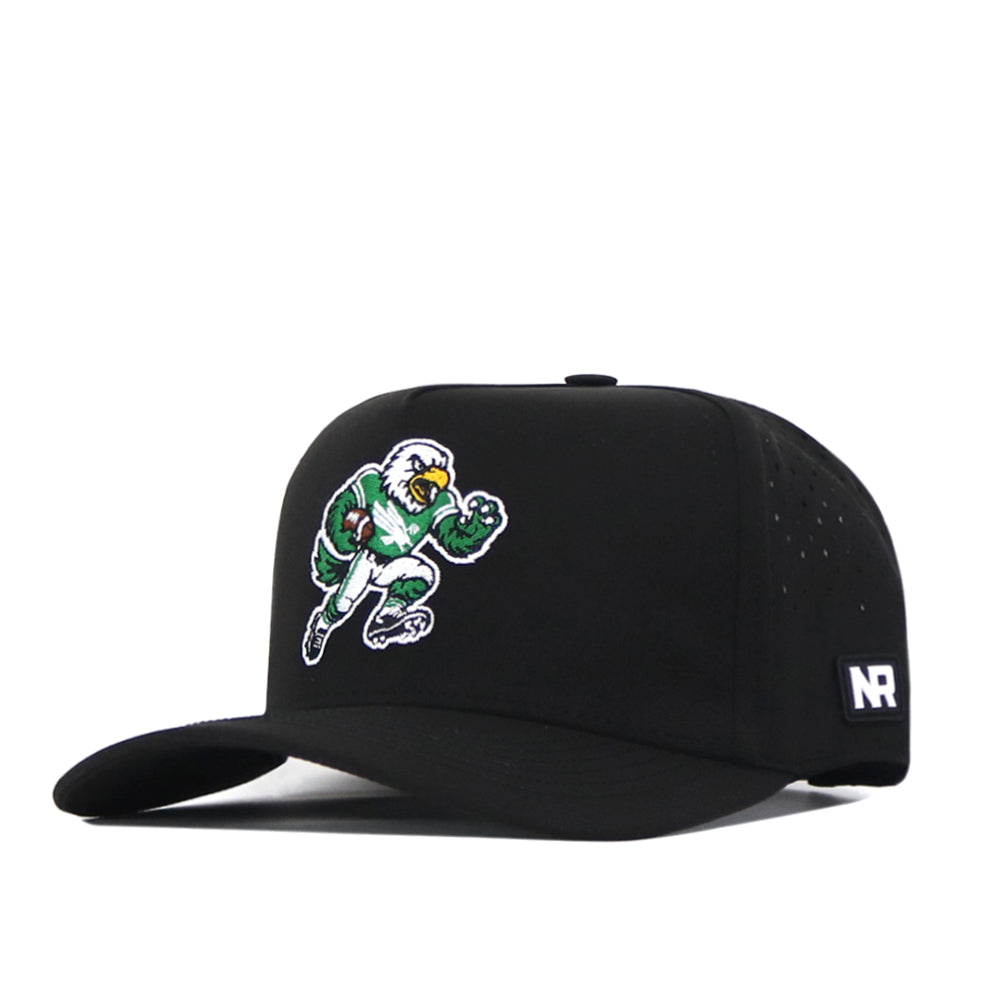 No Rivals North Texas Mean Green Football Mascot Hat in black, crafted from performance fabric, features an embroidered cartoon eagle mascot in a green outfit on the front and a white NR logo patch on the side. Designed with a classic snapback closure for an adjustable fit.