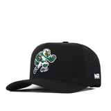 No Rivals North Texas Mean Green Football Mascot Hat in black, crafted from performance fabric, features an embroidered cartoon eagle mascot in a green outfit on the front and a white NR logo patch on the side. Designed with a classic snapback closure for an adjustable fit.