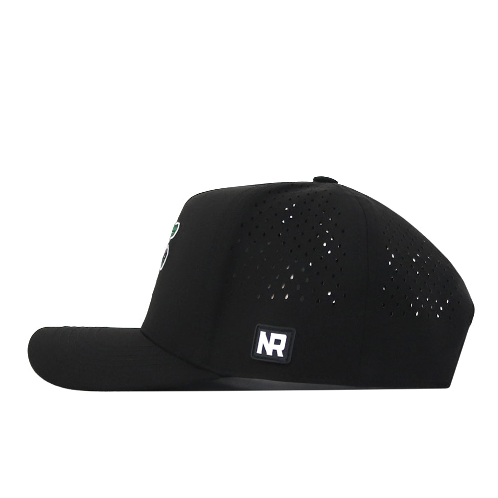 A side view of the Florida Gators Football Mascot Hat in black by No Rivals, featuring small perforated holes for ventilation and a rectangular patch with “NR” in white letters on the lower side. Made from high-quality performance fabric, this hat delivers comfort and durability for everyday wear.