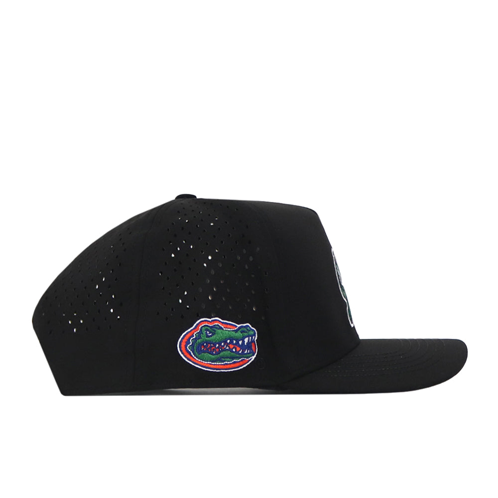 Side view of the No Rivals Florida Gators Football Mascot Hat in black, showcasing a perforated design and a vibrant embroidered Gators logo patch on the side. Crafted from high-quality performance fabric for superior comfort and durability, it features a snapback closure for an adjustable fit.